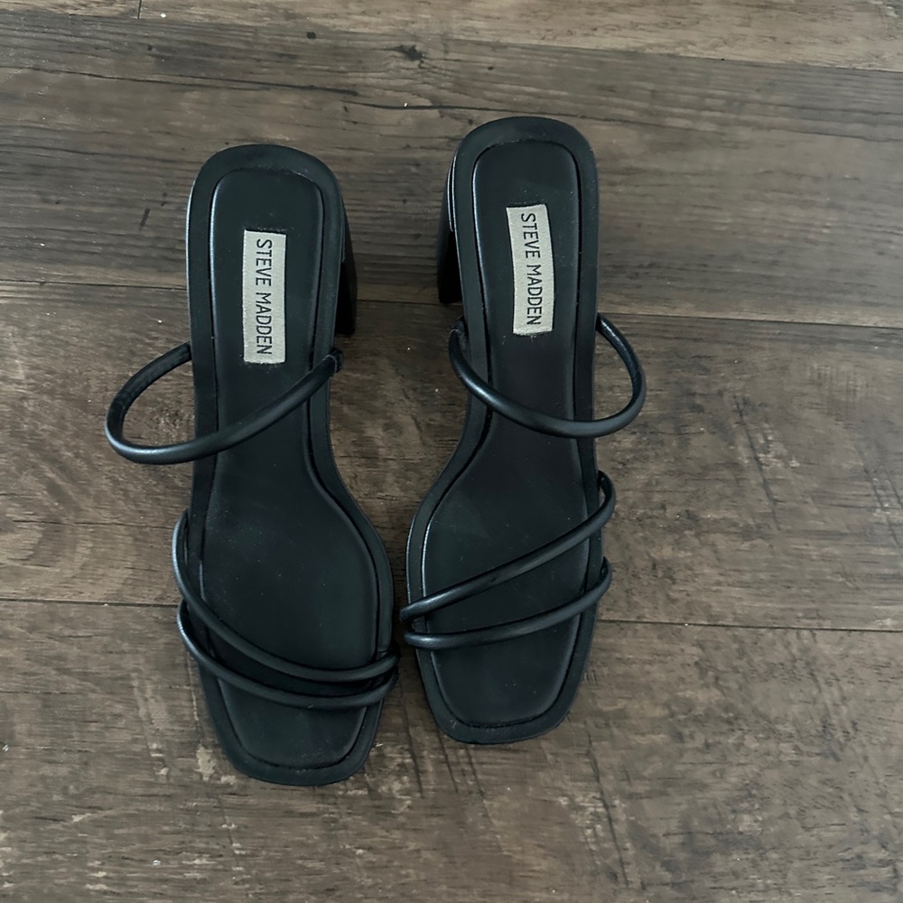 Steve Madden Black Multi-Strap Square Toe Block Heels